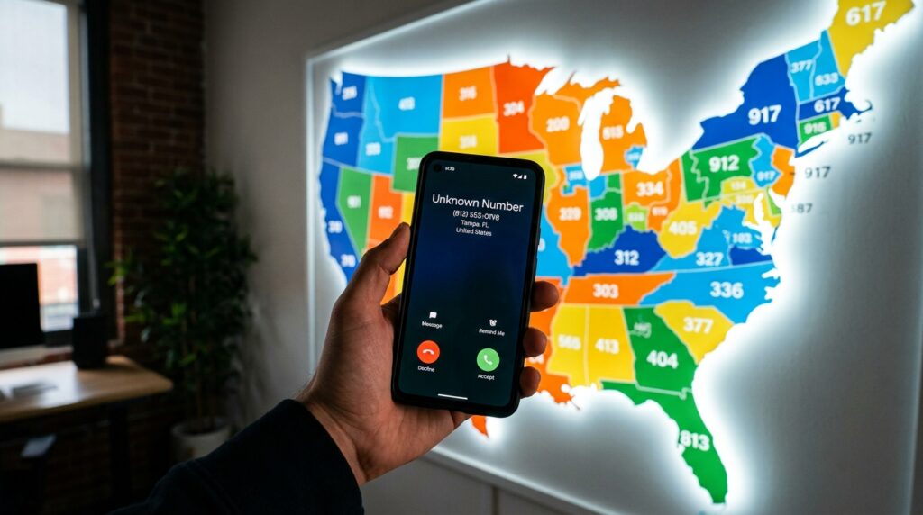 A person holding a smartphone displaying an incoming call from an unknown number with a US map in the background showing area code regions highlighted in different color