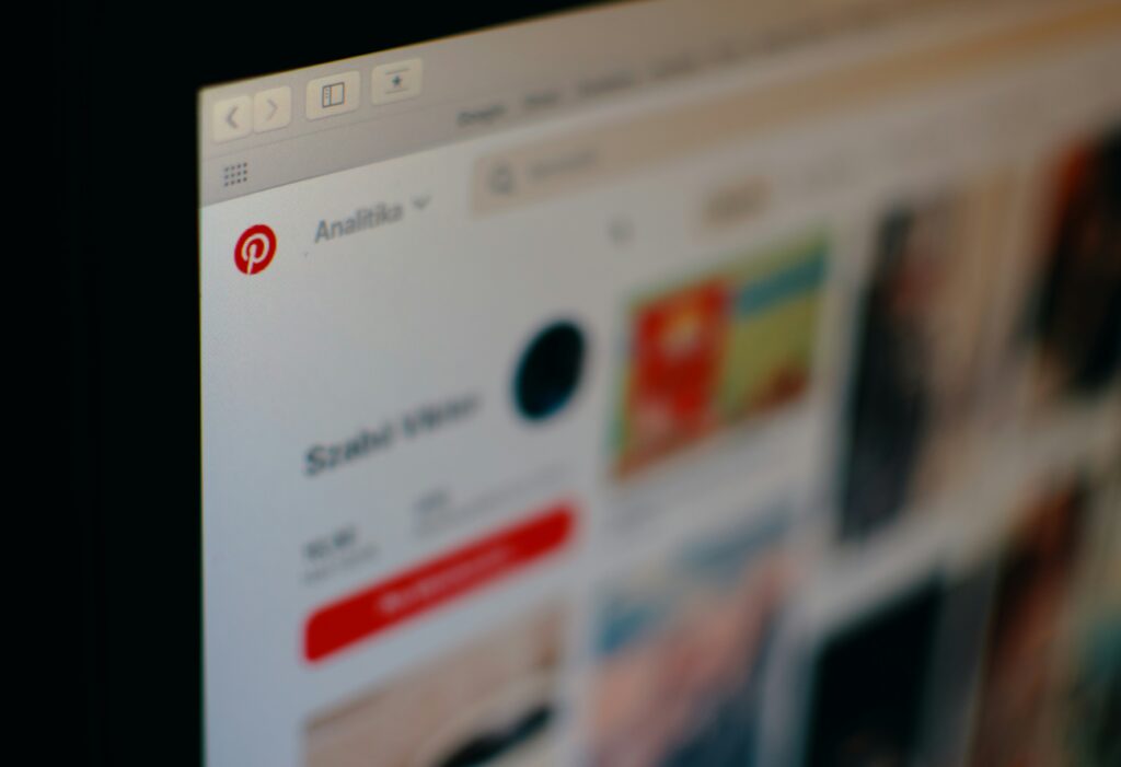 Close-up of a computer screen displaying Pinterest search results and profile boards