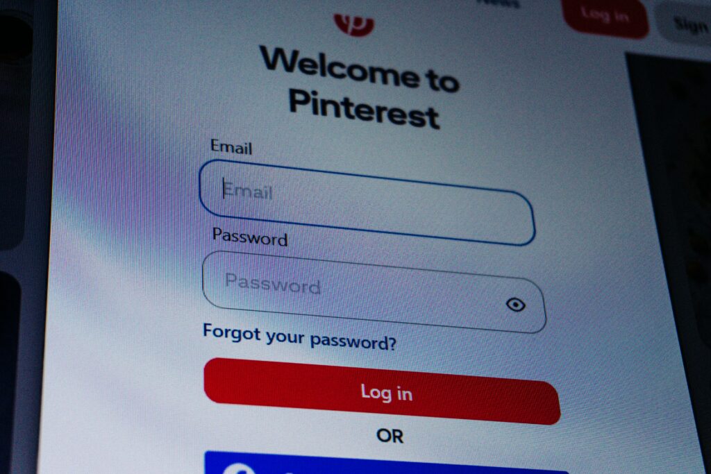 Pinterest login screen showing email and password fields on a desktop browser