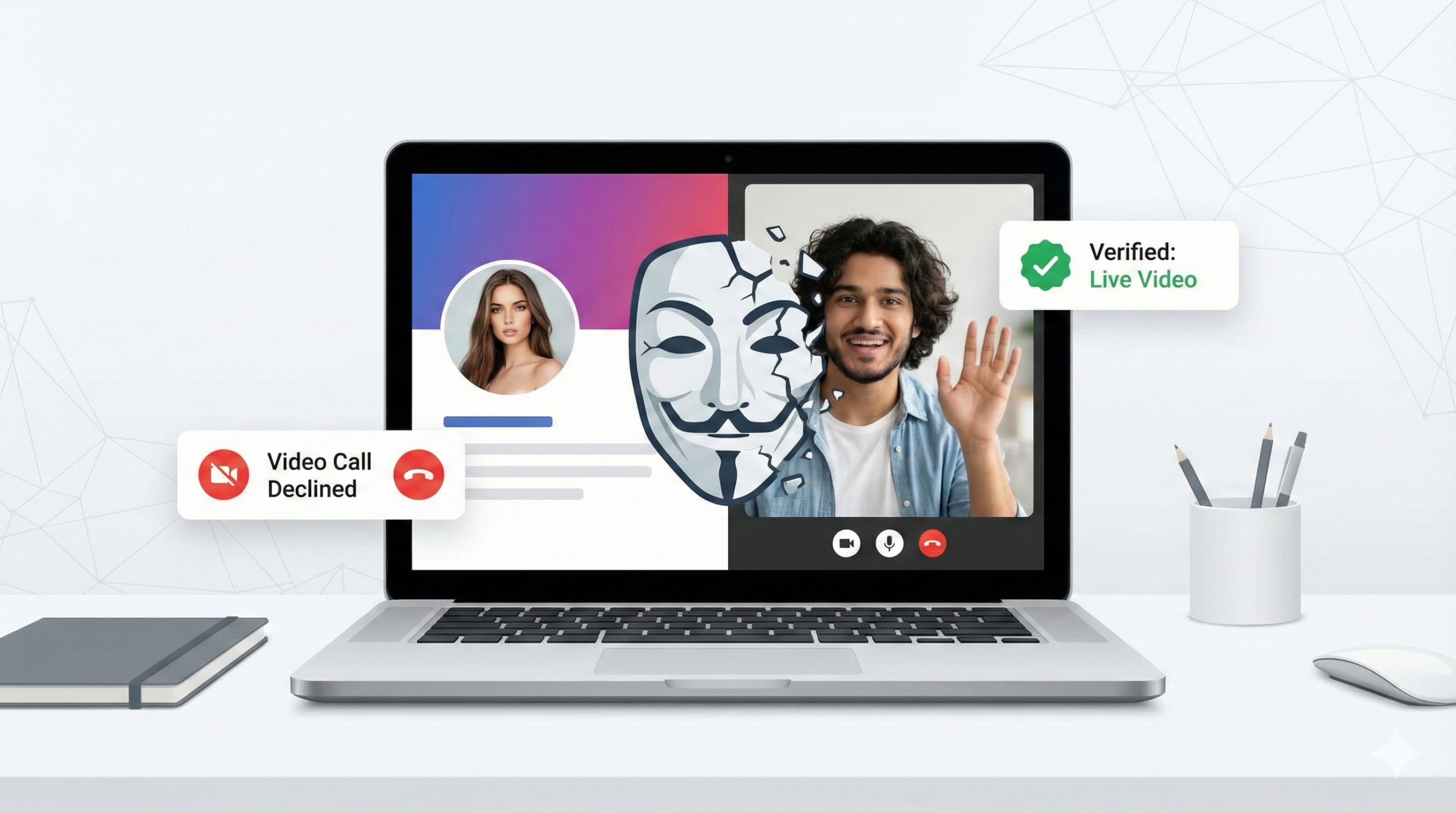 A conceptual illustration on a laptop screen showing an anonymous mask crumbling to reveal a real person during a "Verified: Live Video" call, contrasting with a fake profile on the left that has "Video Call Declined."