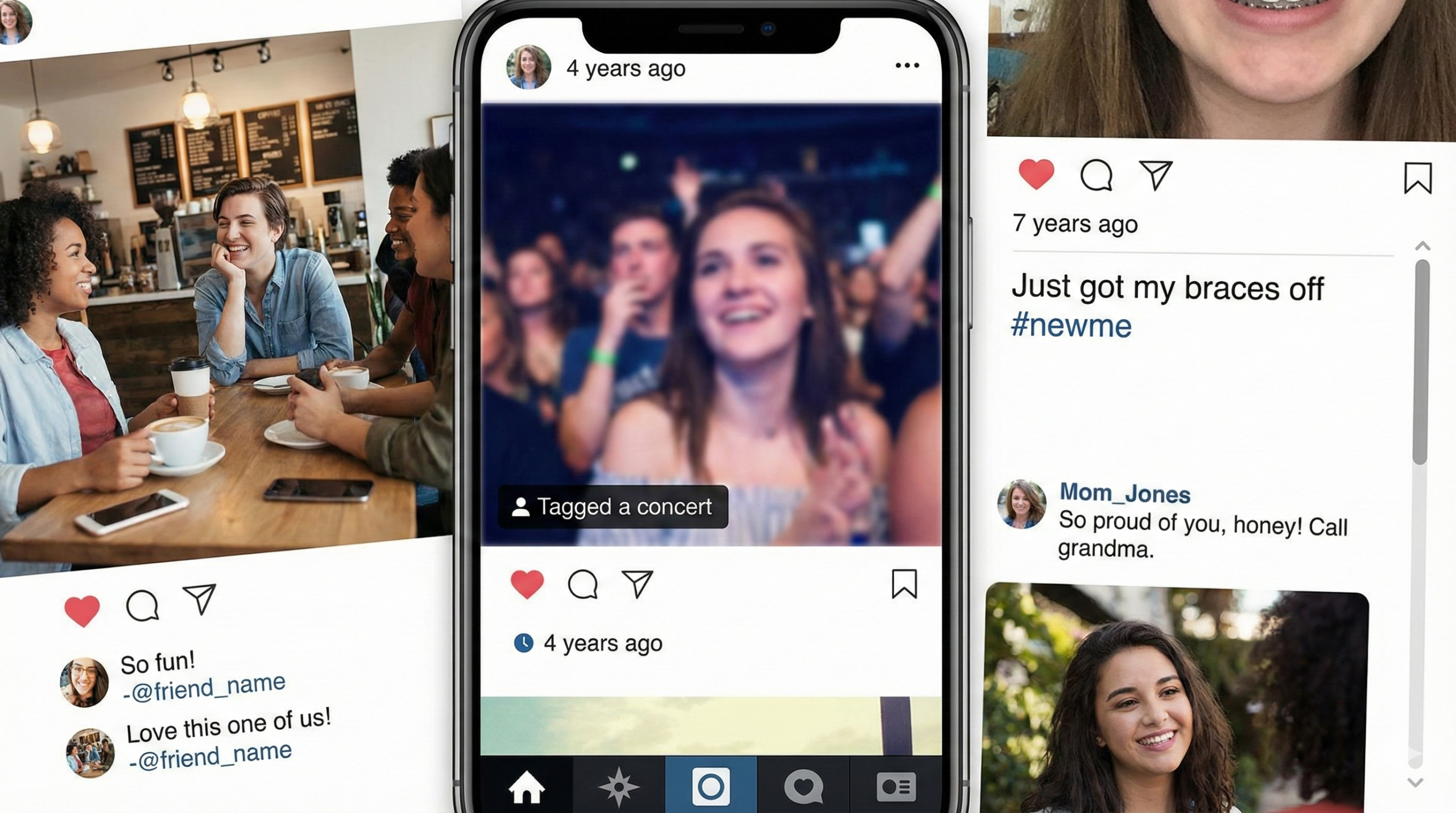 A collage illustration of a smartphone displaying a cluttered, "lived-in" social media feed with historical posts, tagged photos from friends, and awkward family comments, representing a deep digital footprint.