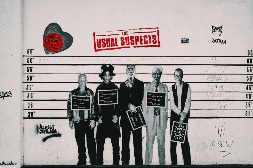Street art depicting a police lineup with mugshot-style portraits, representing criminal records, background checks, and suspect identification.