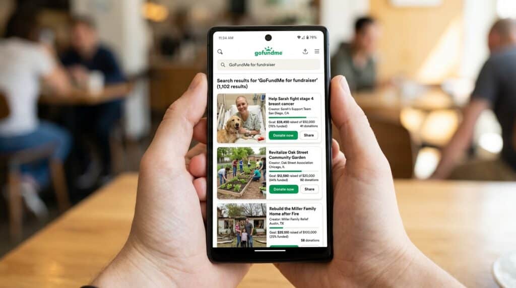 Phone screen showing a GoFundMe search results page for a fundraiser