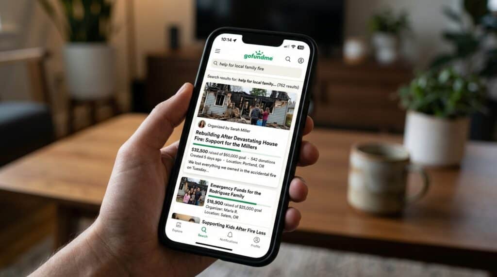 Phone screen showing a GoFundMe search results page for a fundraiser
