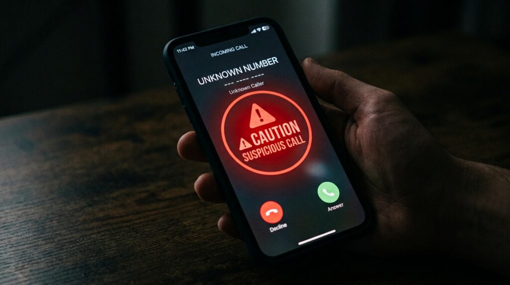 A close-up of a smartphone screen showing an incoming call from an unknown number with a red warning or caution symbol overlay suggesting a suspicious call.