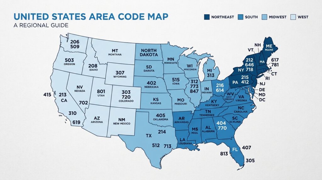 A flat lay illustration of a US map divided into regions with area code numbers overlaid on each state.